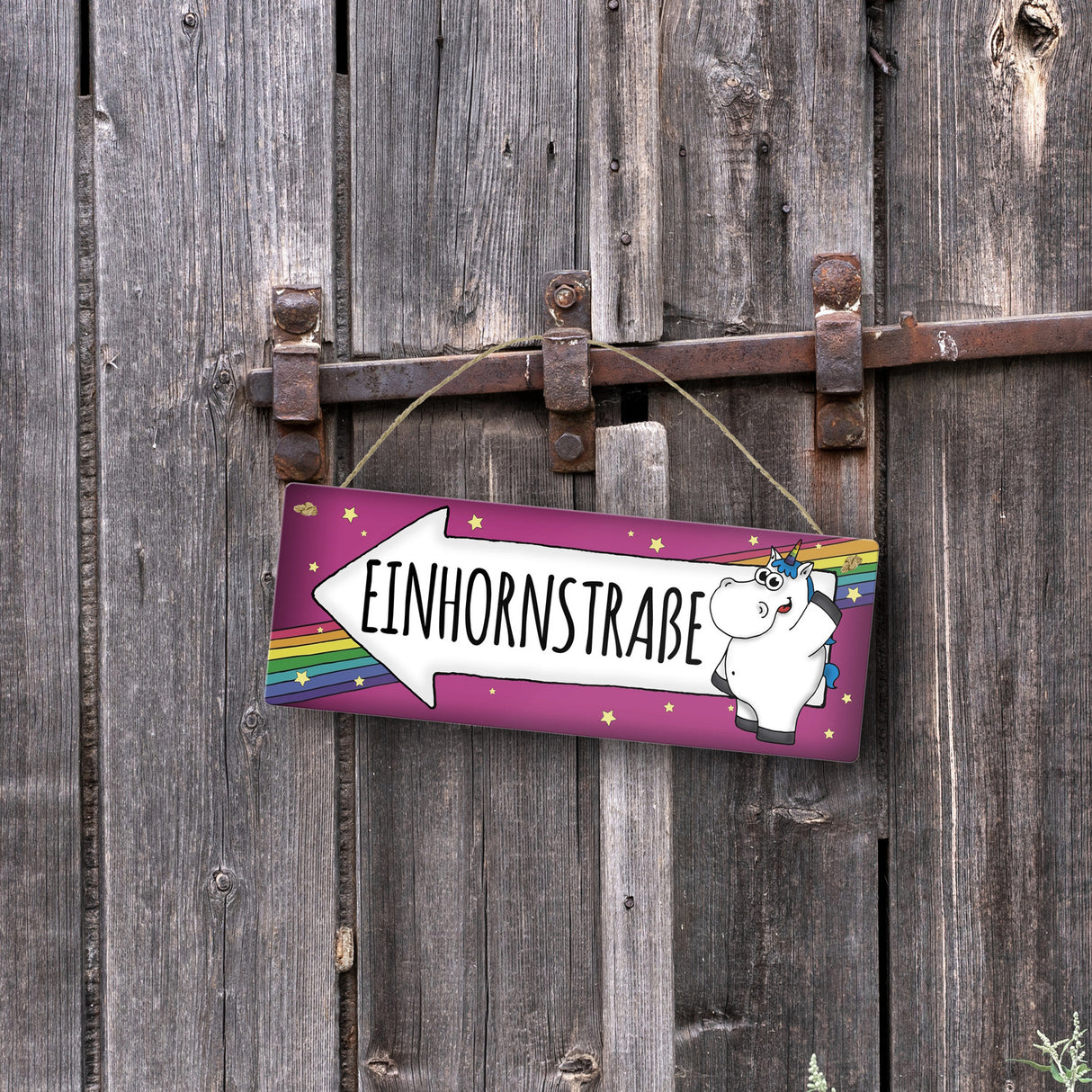 Honeycorns Metallschild mit Einhorn Motiv und Spruch: Einhornstraße