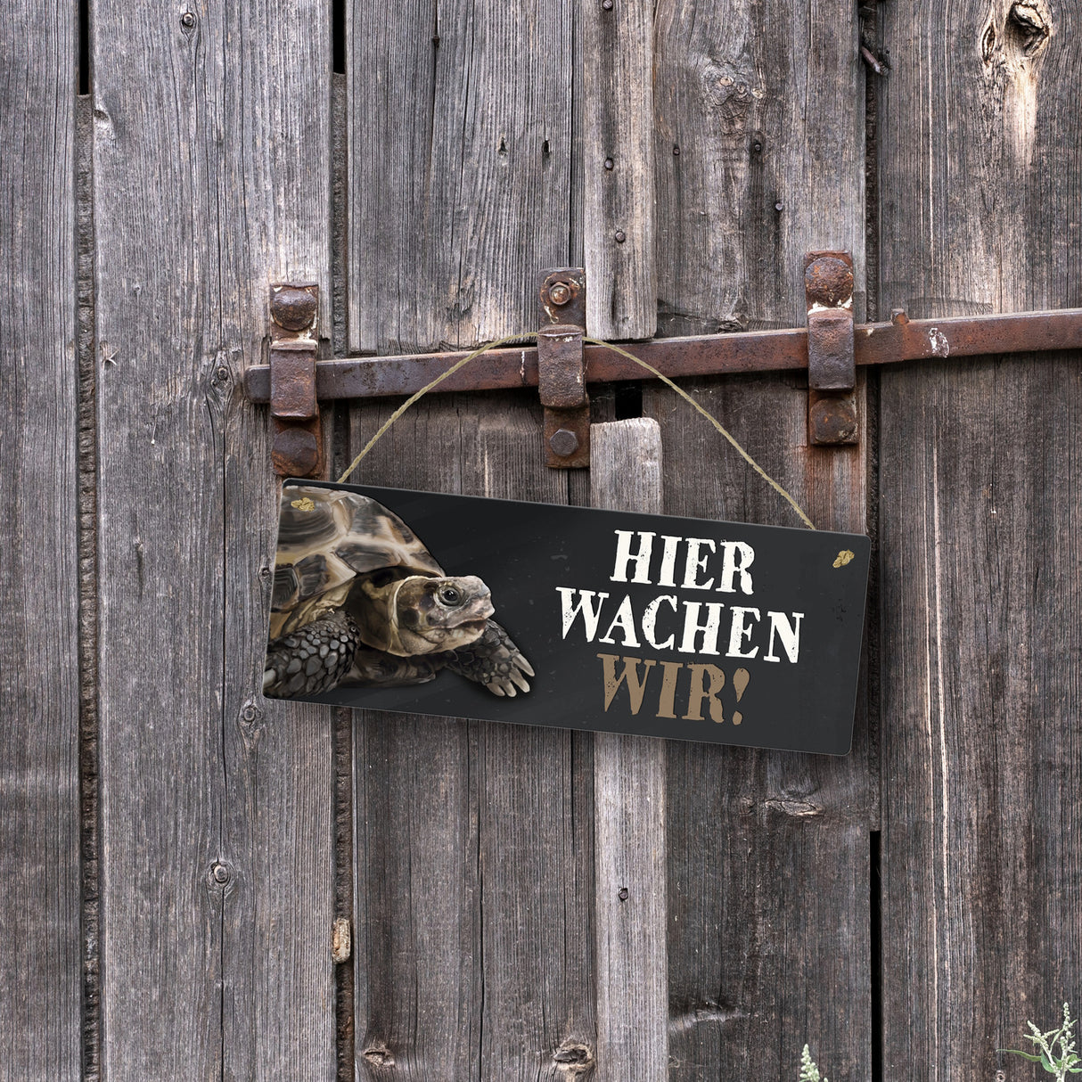 Metallschild mit Schildkröte Motiv und Spruch: Hier wachen wir!