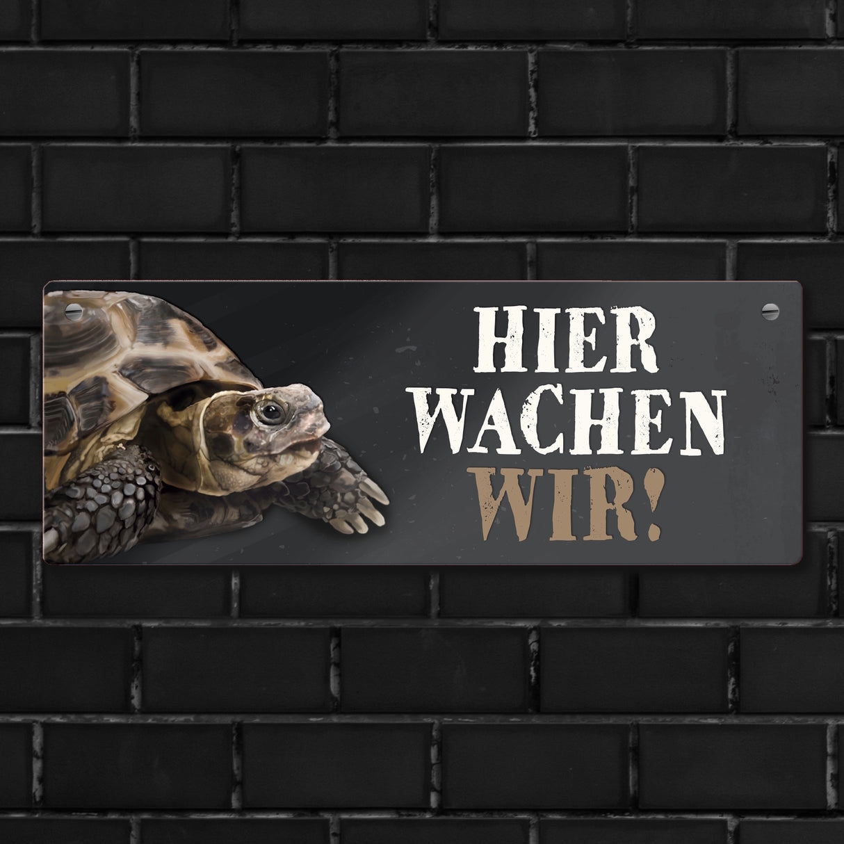 Metallschild mit Schildkröte Motiv und Spruch: Hier wachen wir!