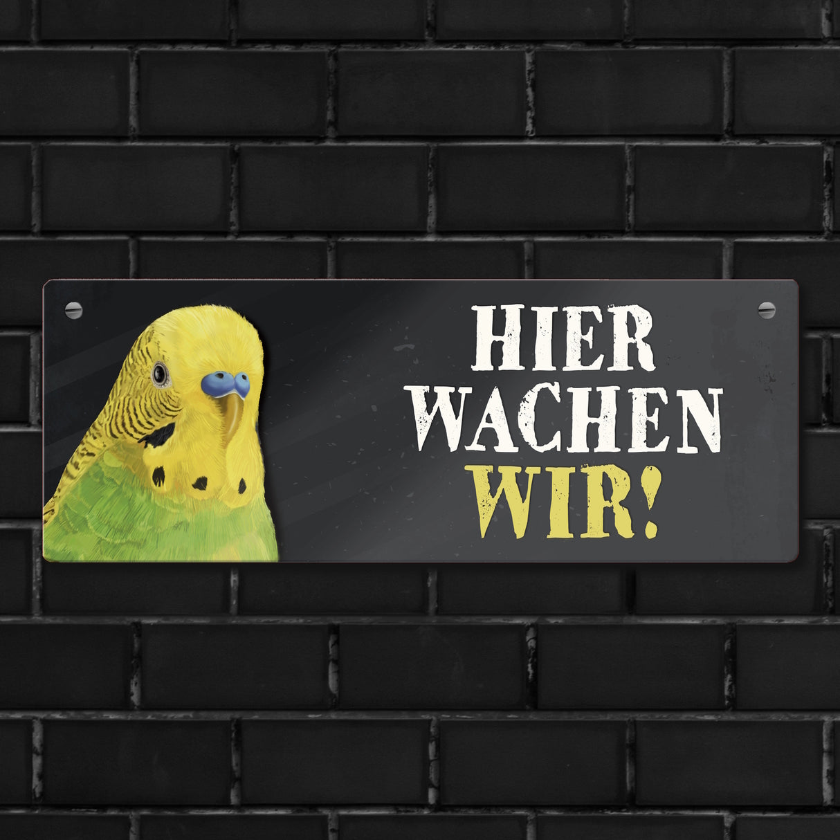 Metallschild mit Wellensittich grün Motiv und Spruch: Hier wachen wir!