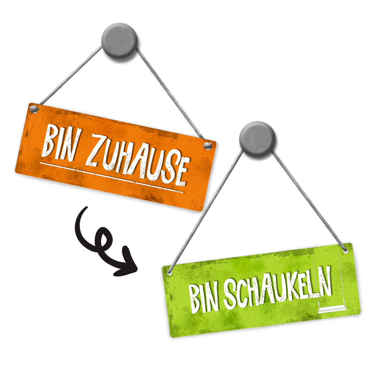 Bin schaukeln- Bin Zuhause Wendeschild mit Kordel