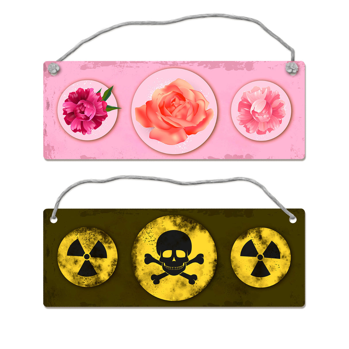 Giftgas oder Blumen Wendeschild mit Kordel