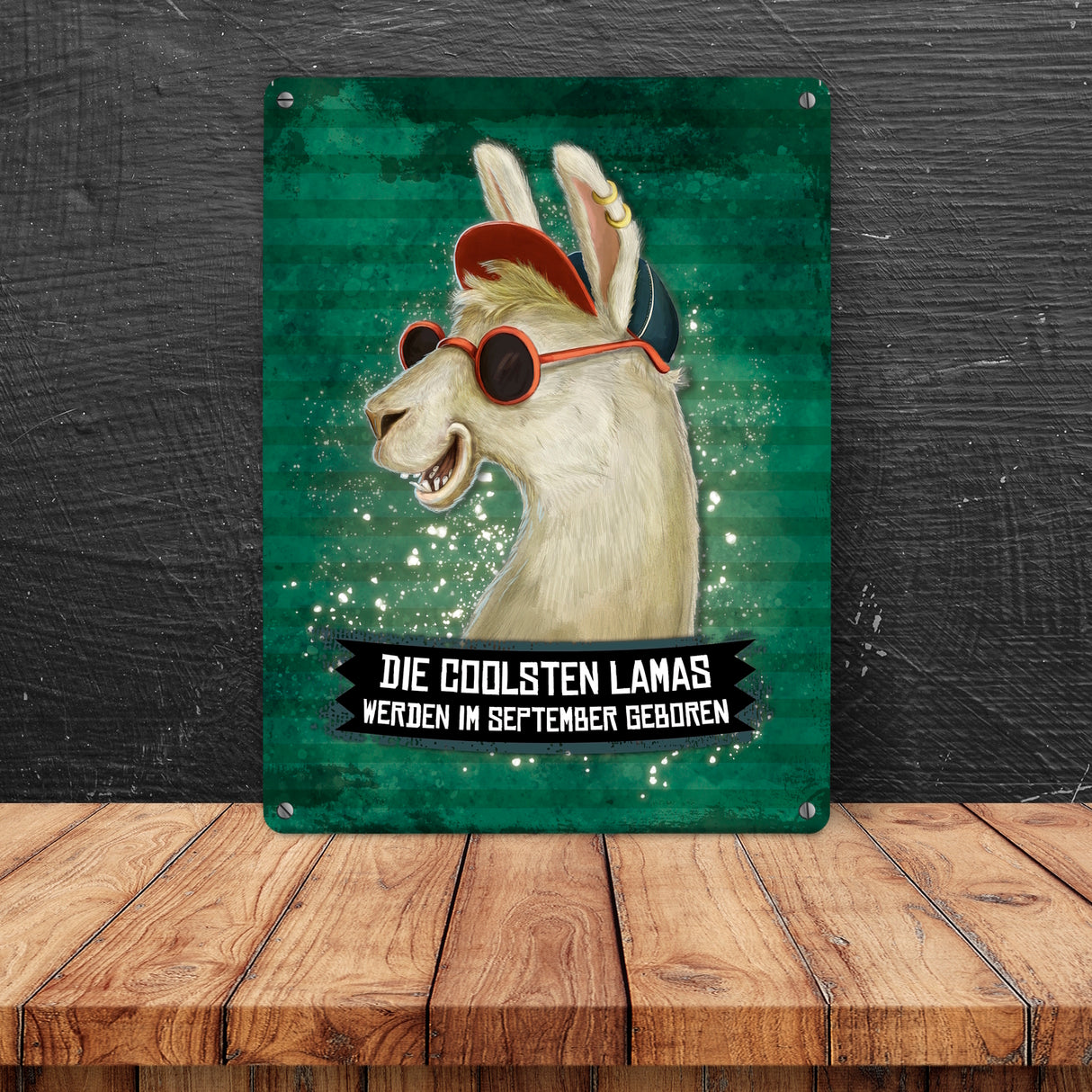 Metallschild mit Spruch: Die coolsten Lamas werden im September geboren