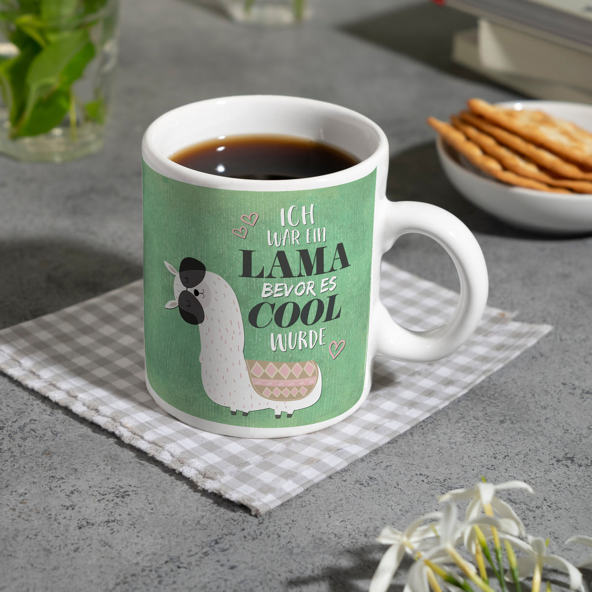 Kaffeebecher mit Spruch: Ich war ein Lama bevor es ...