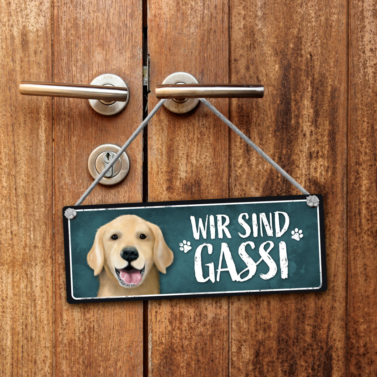 Wir sind Gassi/Zuhause - Golden Retriever Wendeschild mit Kordel