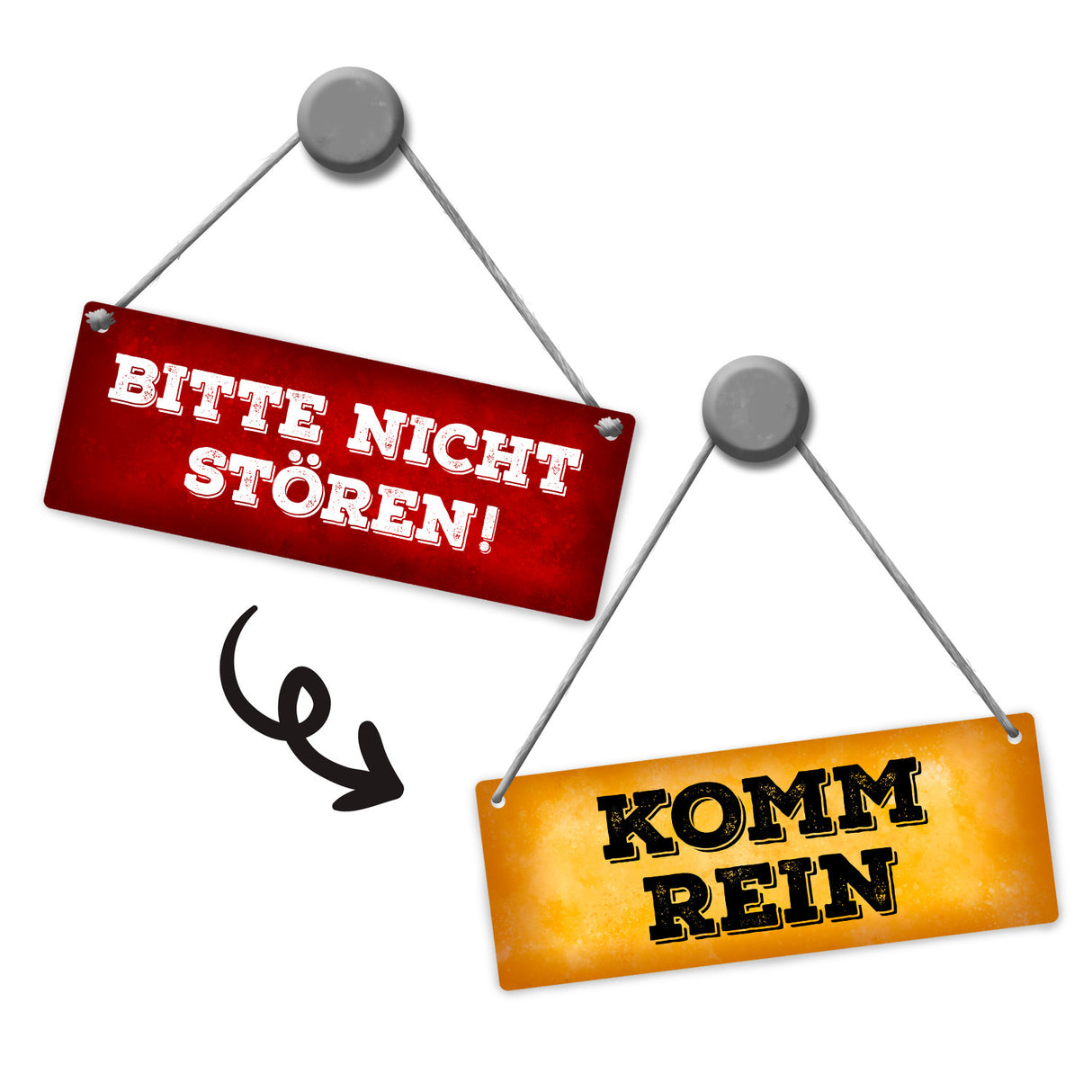 "Bitte nicht stören - Komm rein" Wendeschild in Gelb und Rot mit Kordel