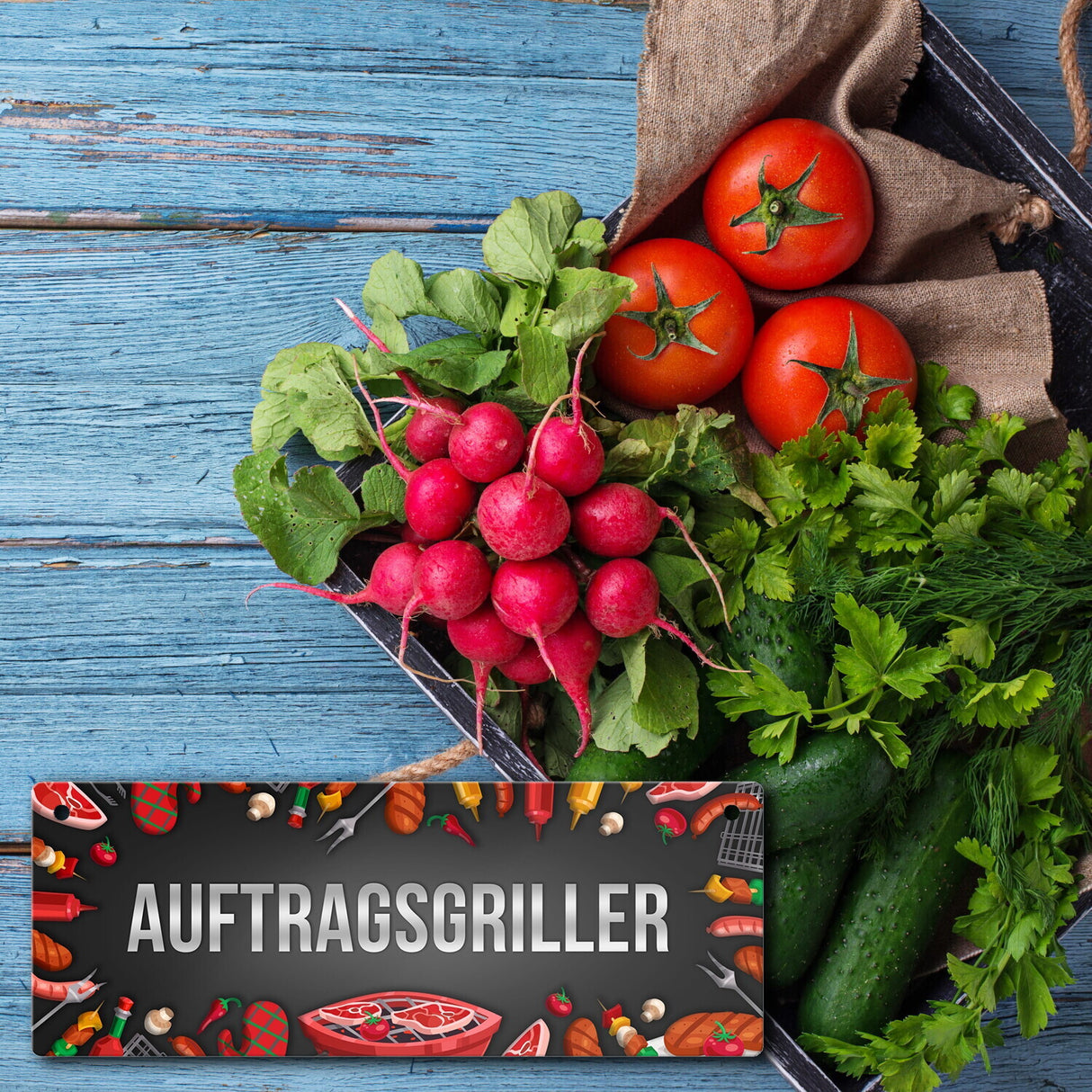 Grill Metallschild mit Barbecue Motiv und Spruch: Auftragsgriller