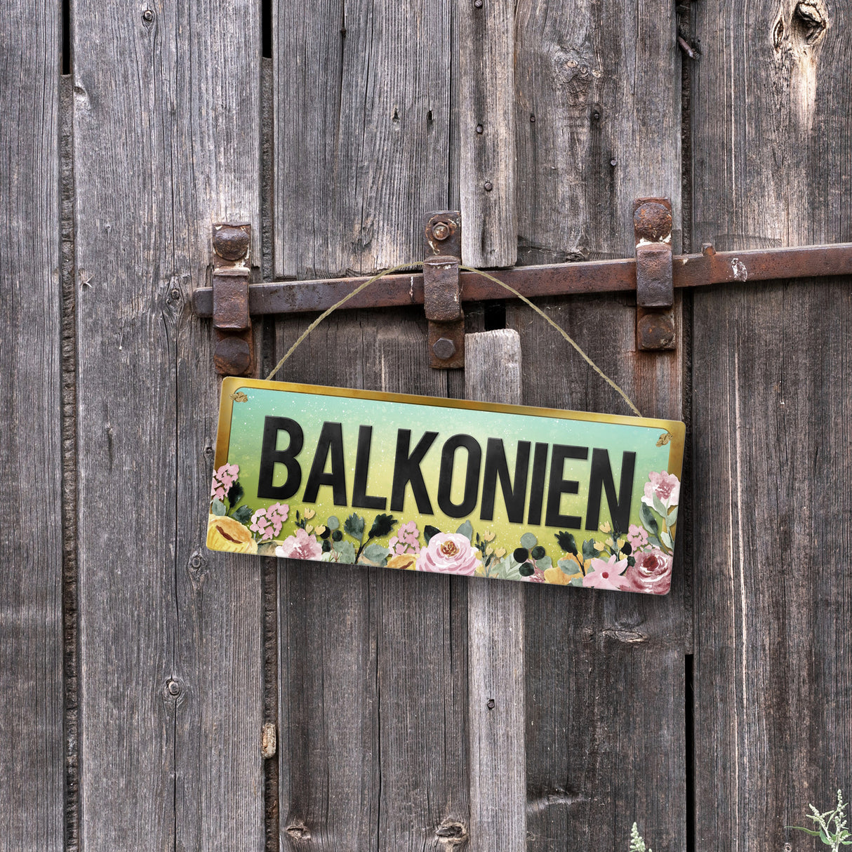 Urlaub Metallschild mit Blumen Motiv und Spruch: Balkonien