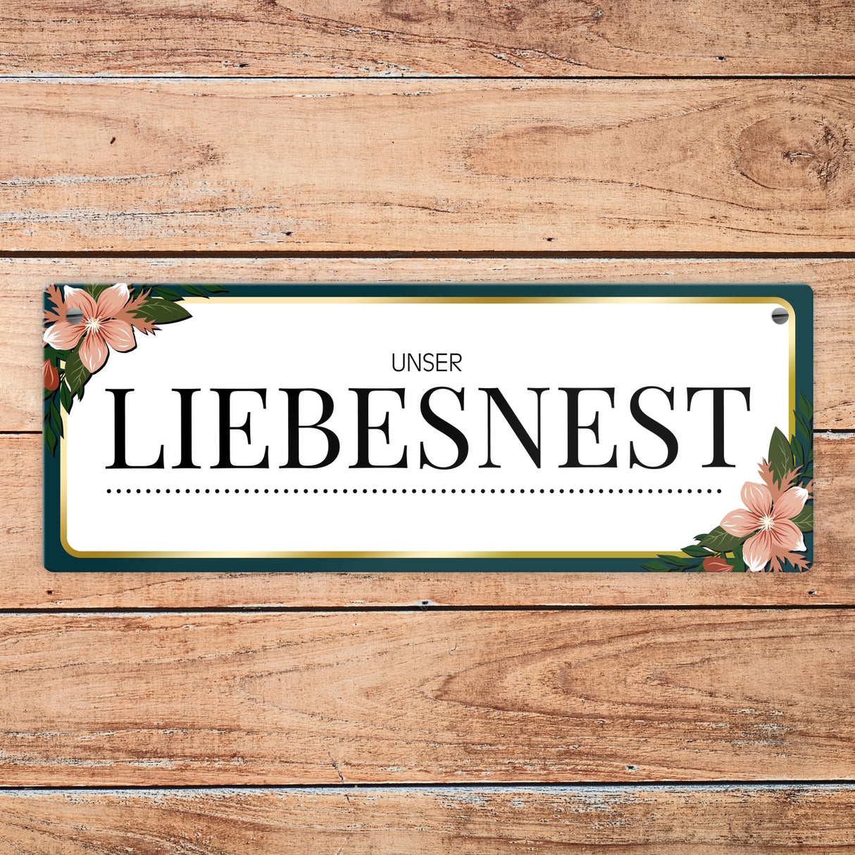 Pärchen Metallschild mit Blumen Motiv und süßem Spruch: Unser Liebesnest