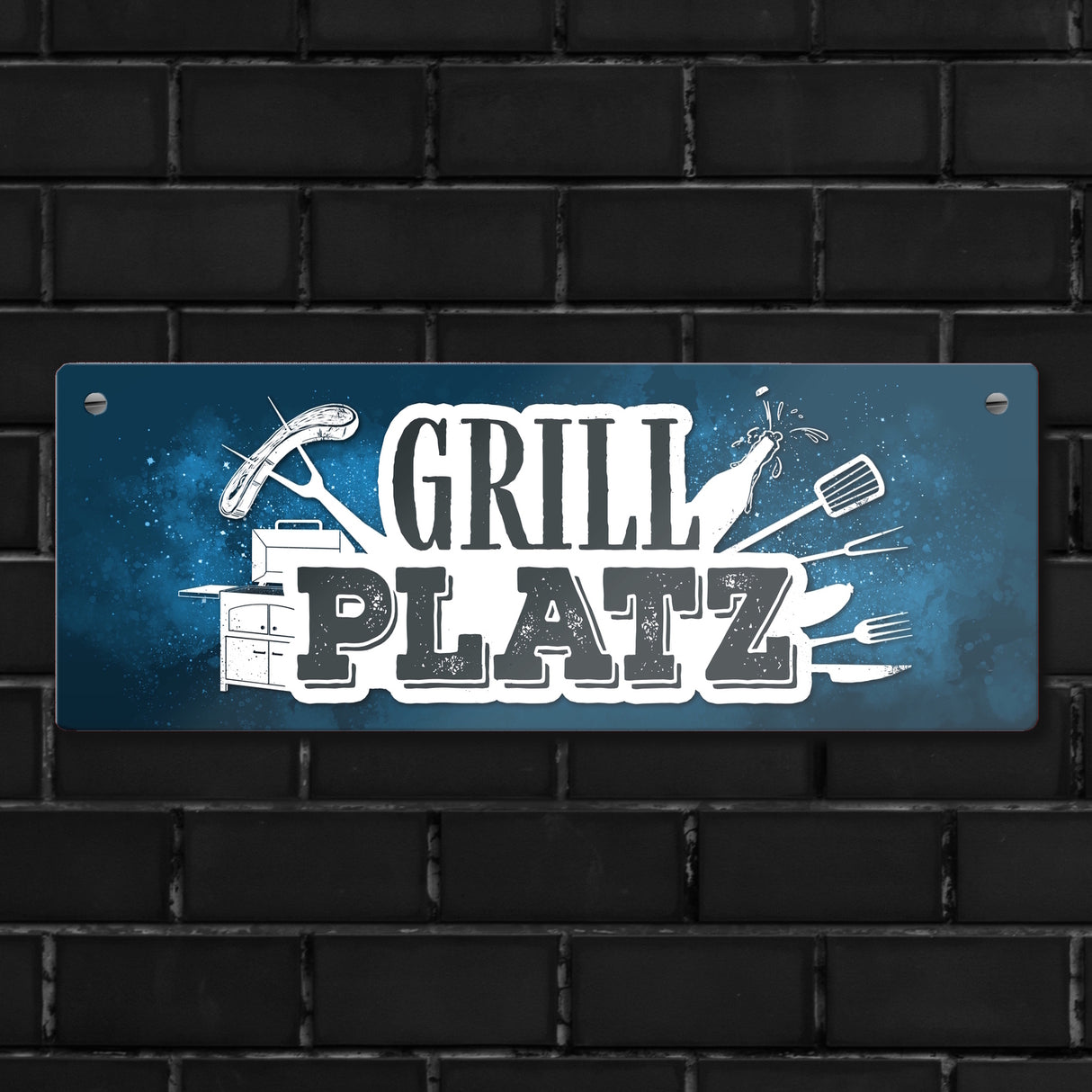 Grillplatz Metallschild Fleisch Wurst grillen Grill Bier Hobby Besteck Grillzange Freunde