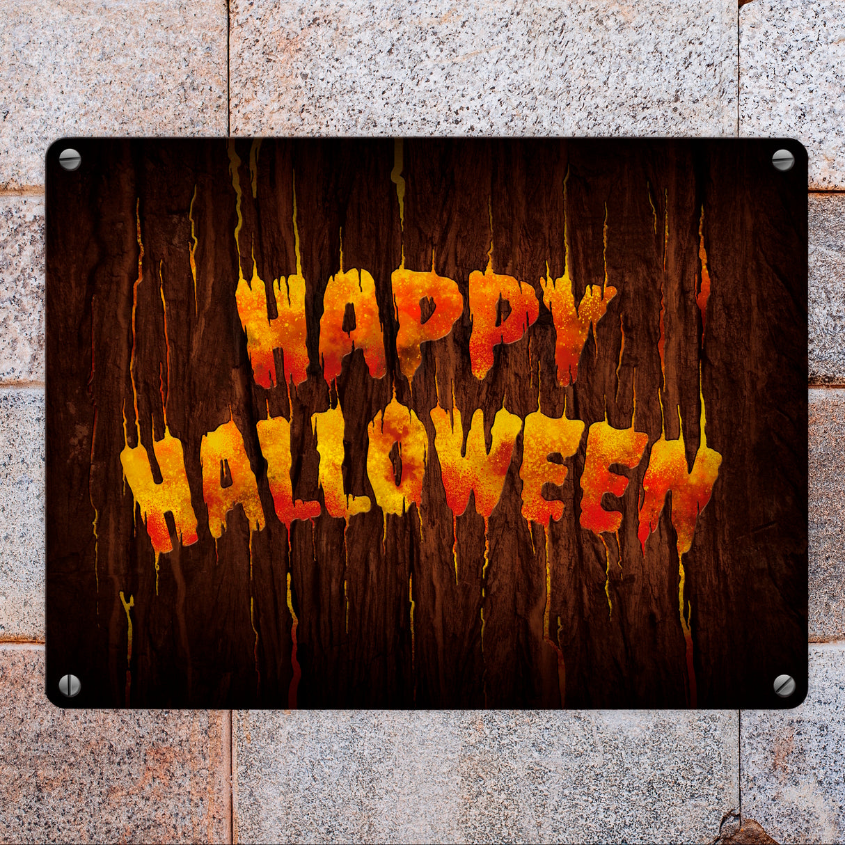 Happy Halloween Metallschild in Holz Optik Haustüre Türe Nacht Angst Hexe