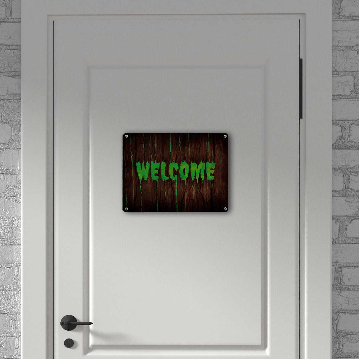 Welcome Metallschild in Holz Optik Halloween Teufel Hölle Kind Kinder Nacht