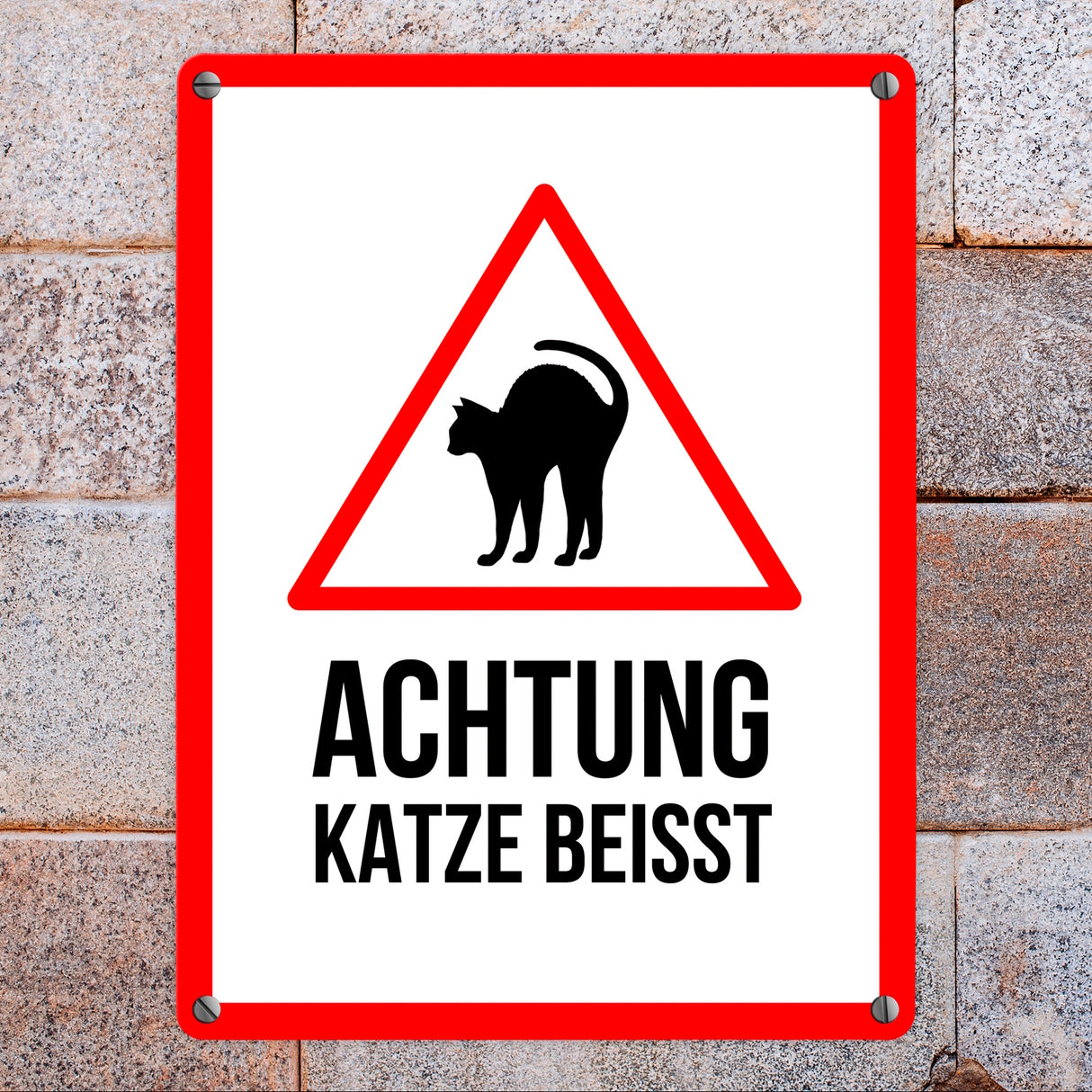 Achtung Katze beisst Metallschild mit Katzen Symbol