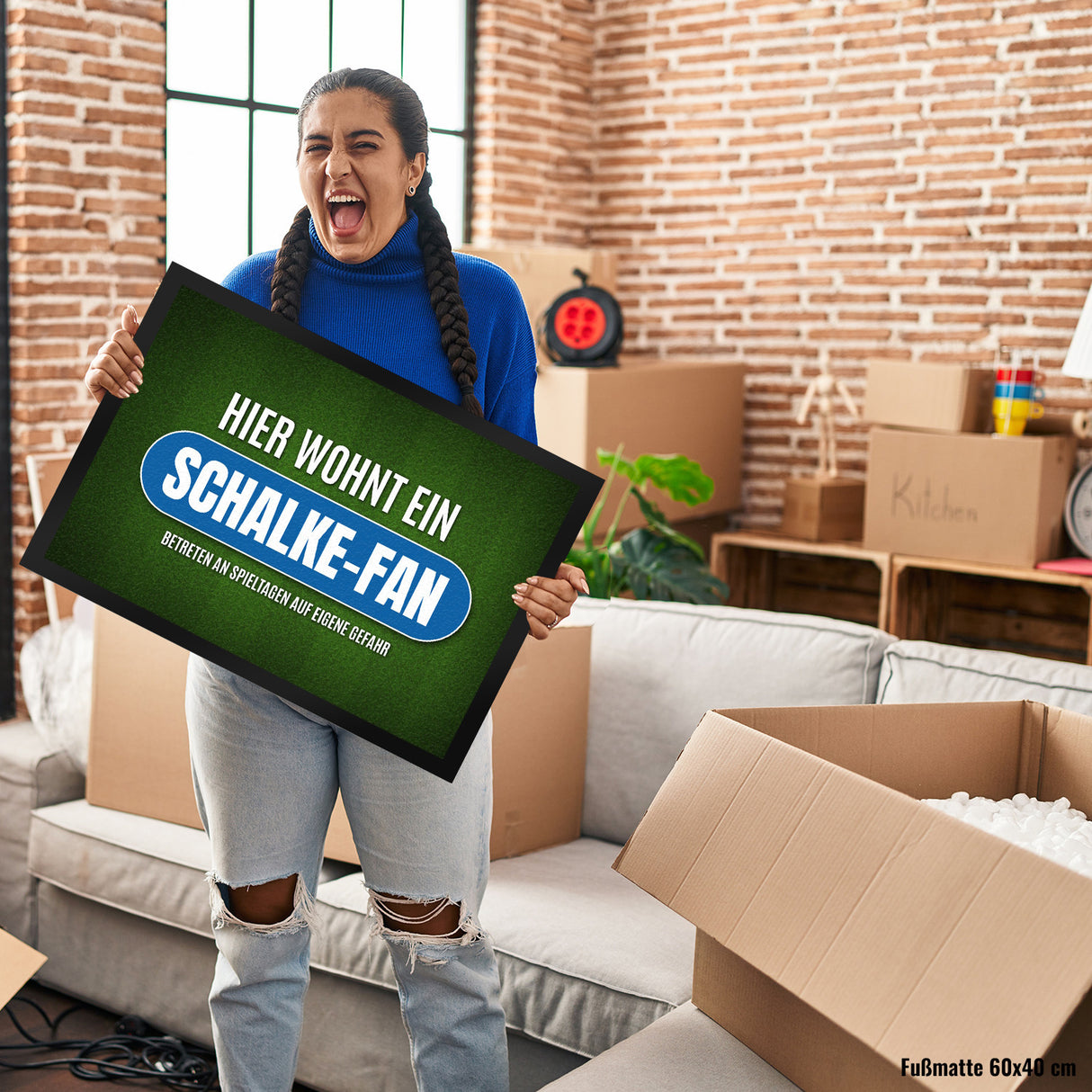Hier wohnt ein Schalke-Fan Fußmatte mit Rasen Motiv