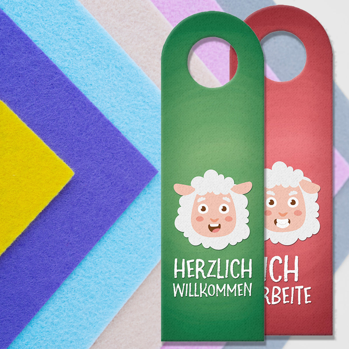 Ich arbeite oder willkommen Türhänger mit Schaf Motiv
