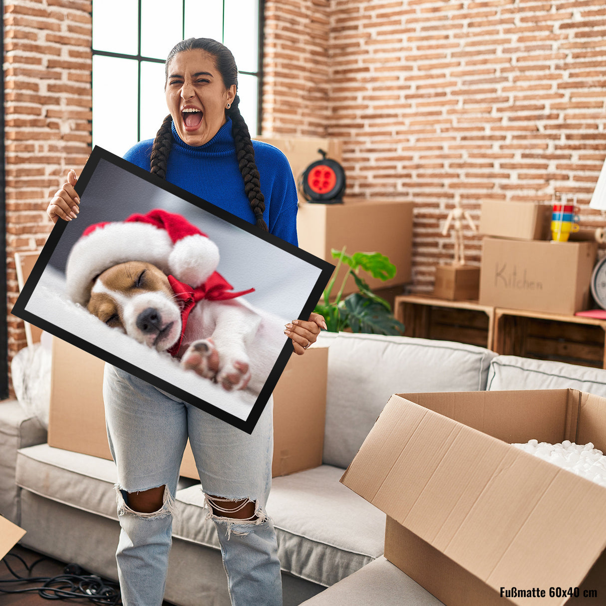 Weihnachtshund Jack mit Nikolausmütze Fußmatte