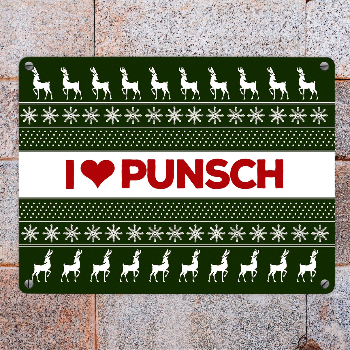 I love Punsch Metallschild mit Weihnachtsmuster Motiv - Weihnachten Herz Rentier Sterne Schnee Punkte Muster