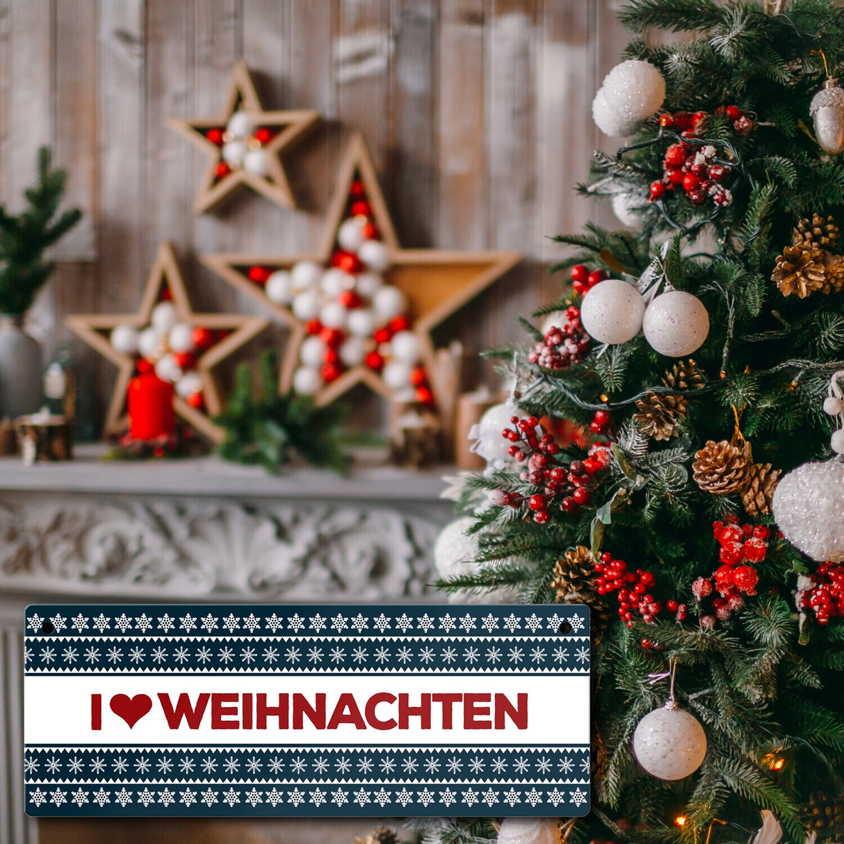 I love Weihnachten Metallschild mit Weihnachtsmuster Motiv - Sterne Advent Stern Herz