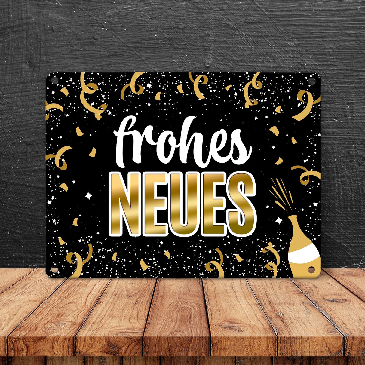 Silvester Metallschild mit Spruch - Silvester Rakete Böller Konfetti Sekt Sterne Year neu happy