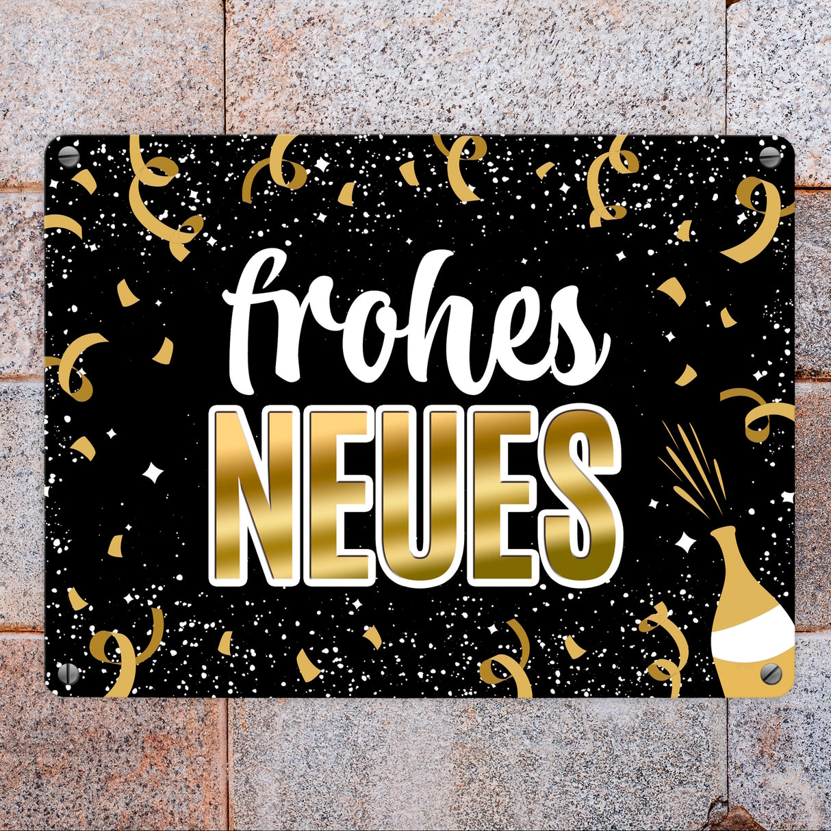 Silvester Metallschild mit Spruch - Silvester Rakete Böller Konfetti Sekt Sterne Year neu happy