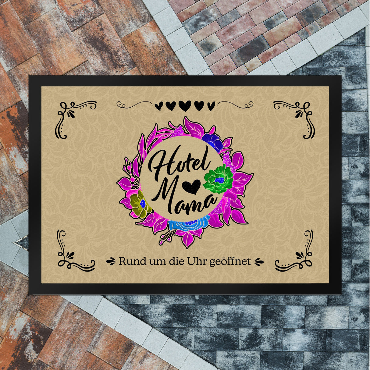 Hotel Mama Fußmatte mit floralen Mustern und Aufschrift
