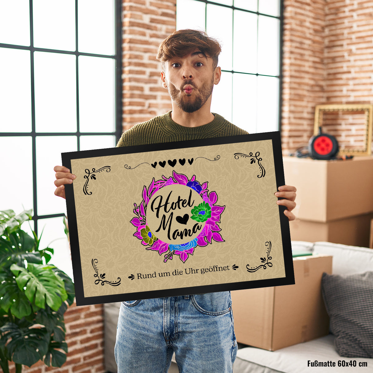 Hotel Mama Fußmatte mit floralen Mustern und Aufschrift