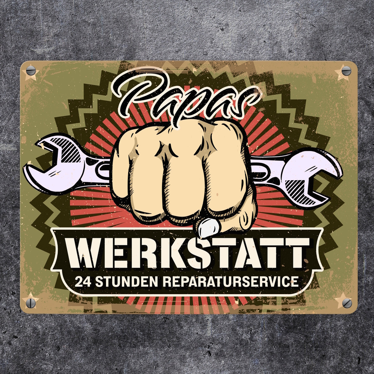 Papas Werkstatt Metallschild im rostigen Retrolook