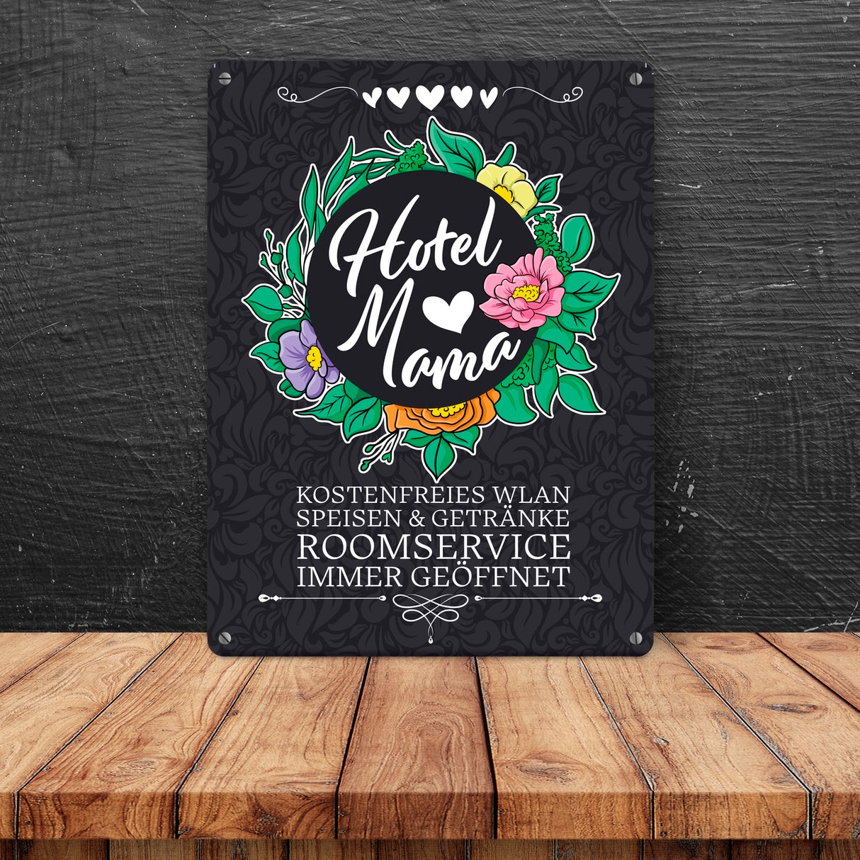 Hotel Mama Metallschild mit floralen Mustern und Aufschriften