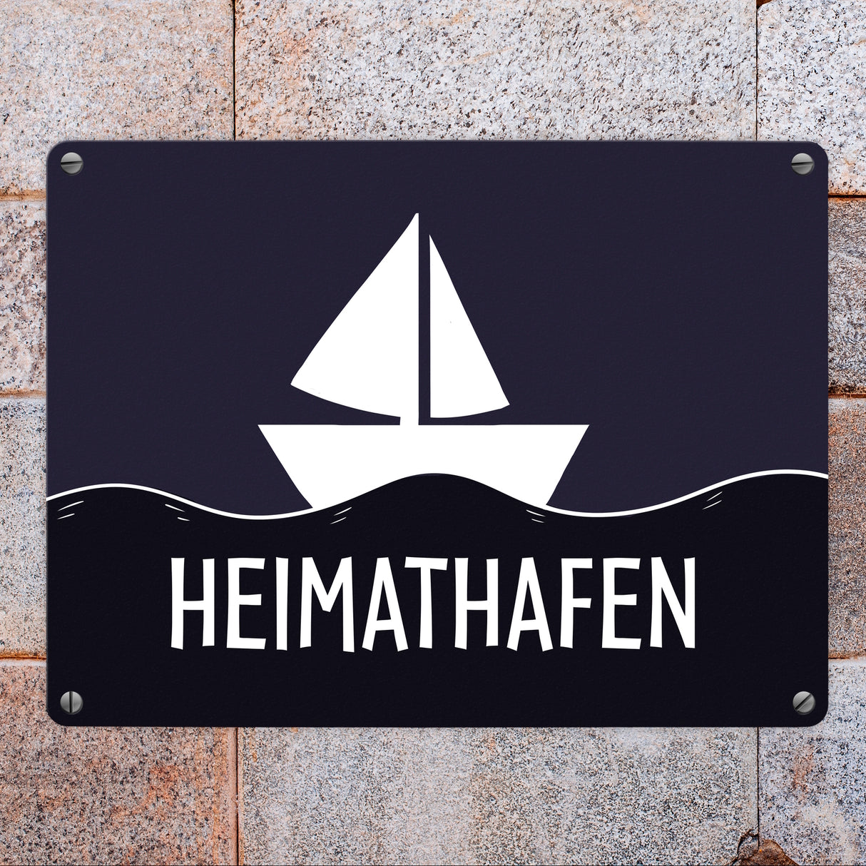 Heimathafen Metallschild mit Schiff und Meeresmotiv
