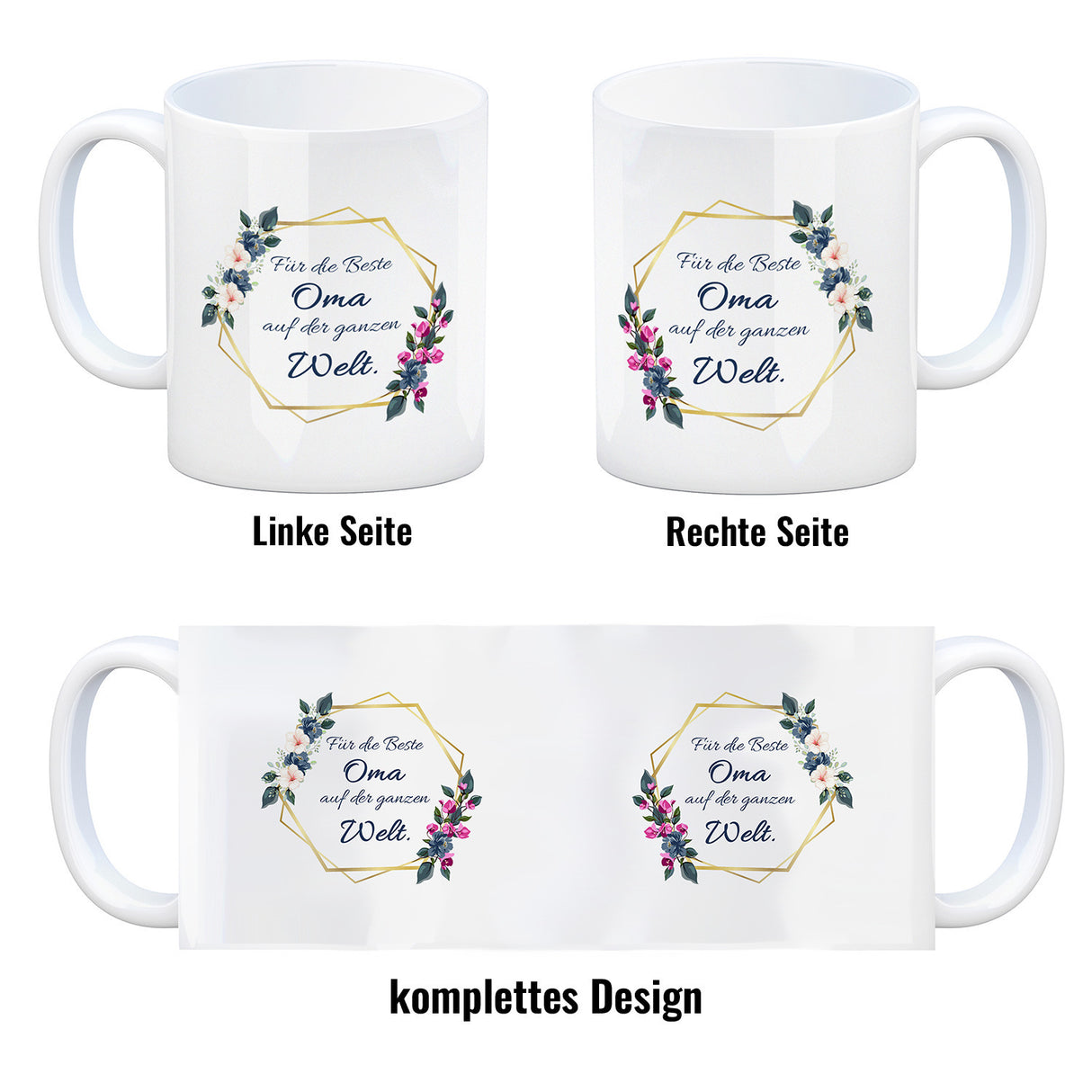 Für die Beste Oma auf der ganzen Welt Kaffeebecher mit Goldrahmen und Blumen