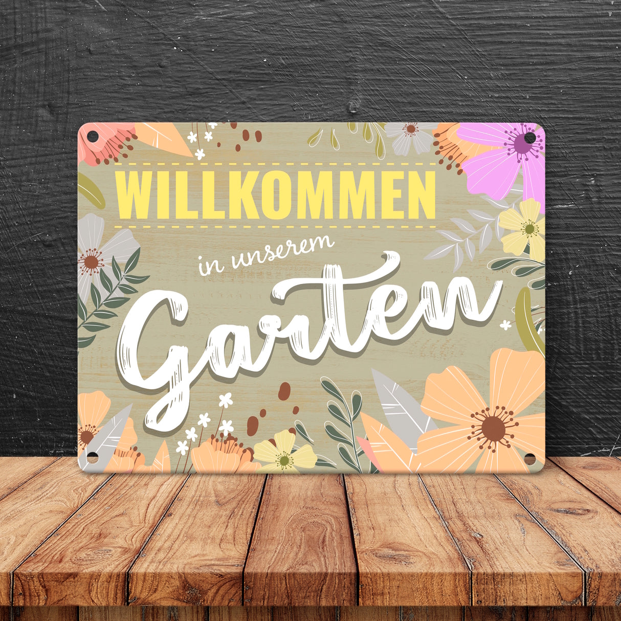 Willkommen in unserem Garten Metallschild mit Blumenmustern
