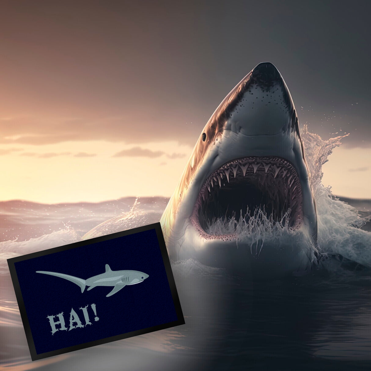 Hai Fußmatte in 35x50 cm mit grauen Hai auf dunkelblauem Hintergrund