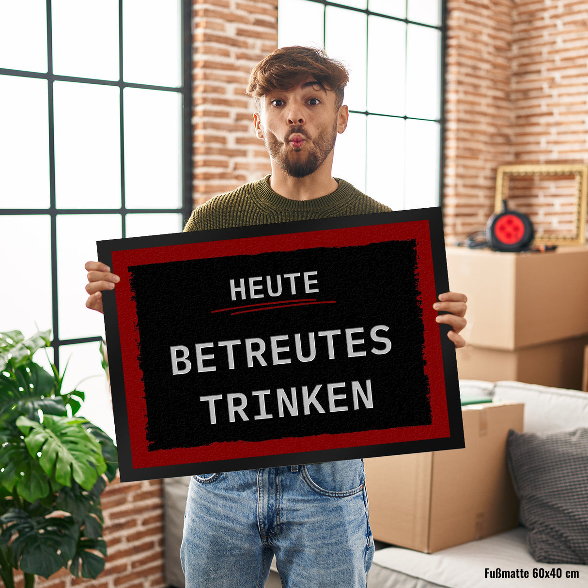 Heute betreutes Trinken Fußmatte in 35x50 cm mit rotem Rahmen