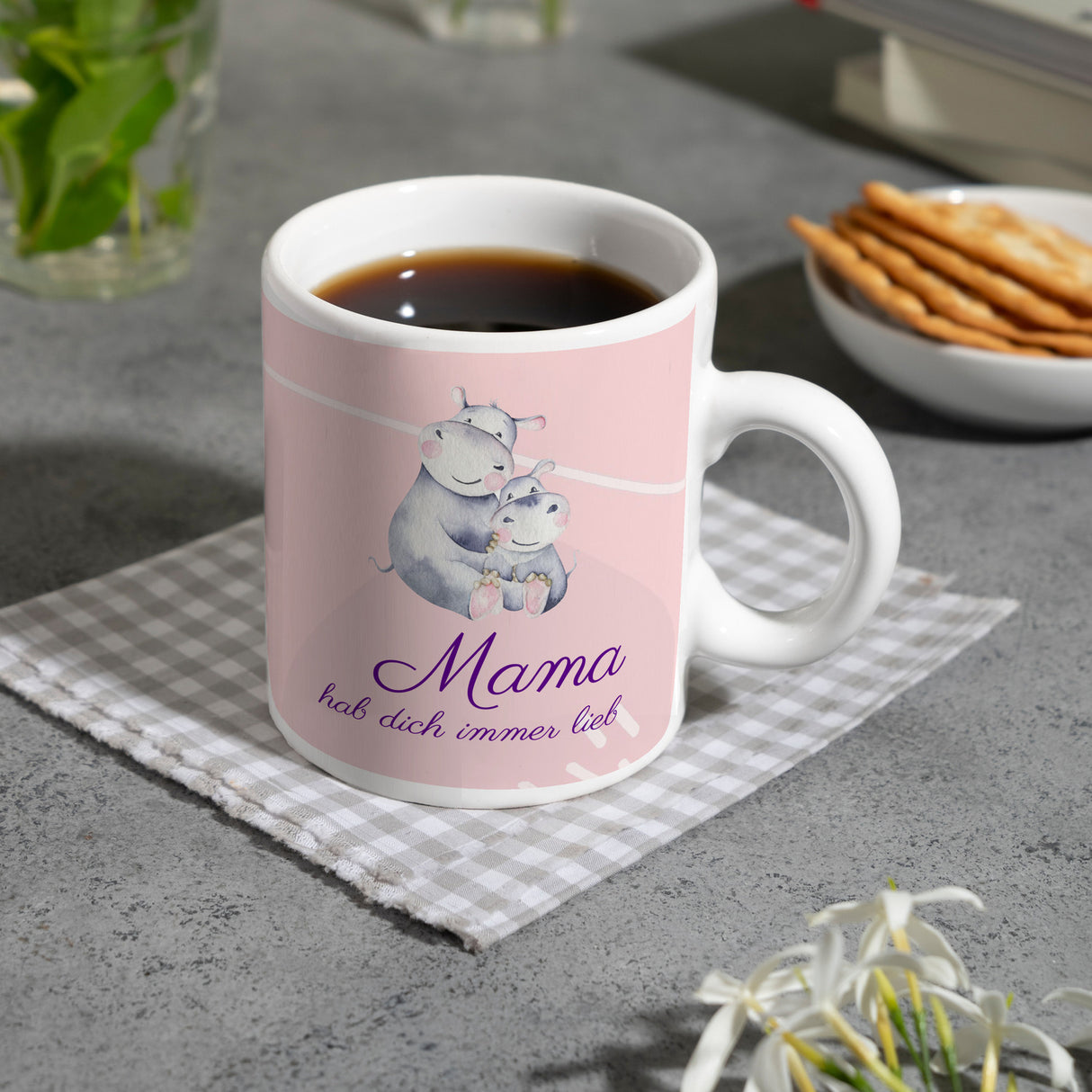 Mama hab dich immer lieb Kaffeebecher mit niedlichem Nilpferd in rosa