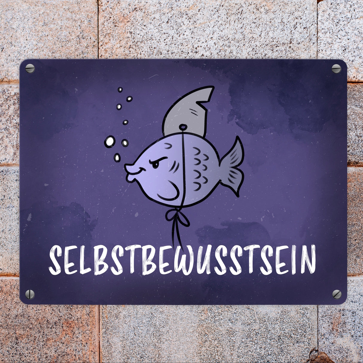 Selbstbewusstsein - Metallschild mit dem gewitzten Fisch mit Haifischflosse