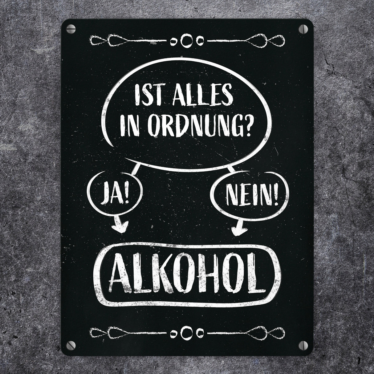 Alles in Ordnung? Ja oder Nein - Alkohol! - lustiges Metallschild mit Entscheidungsfrage