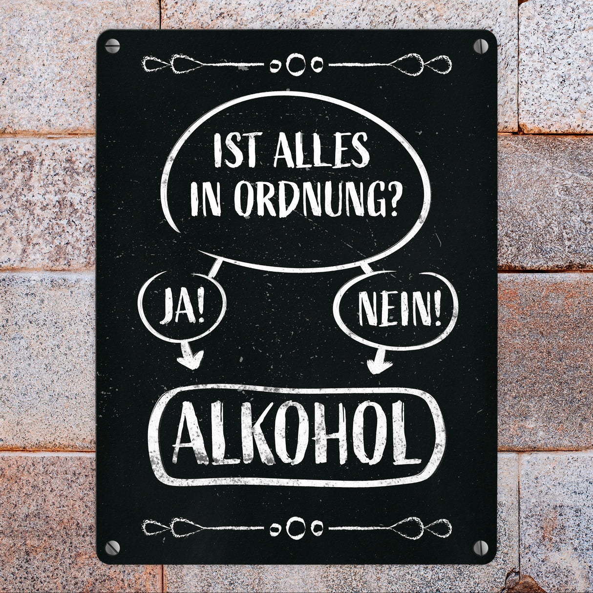 Alles in Ordnung? Ja oder Nein - Alkohol! - lustiges Metallschild mit Entscheidungsfrage