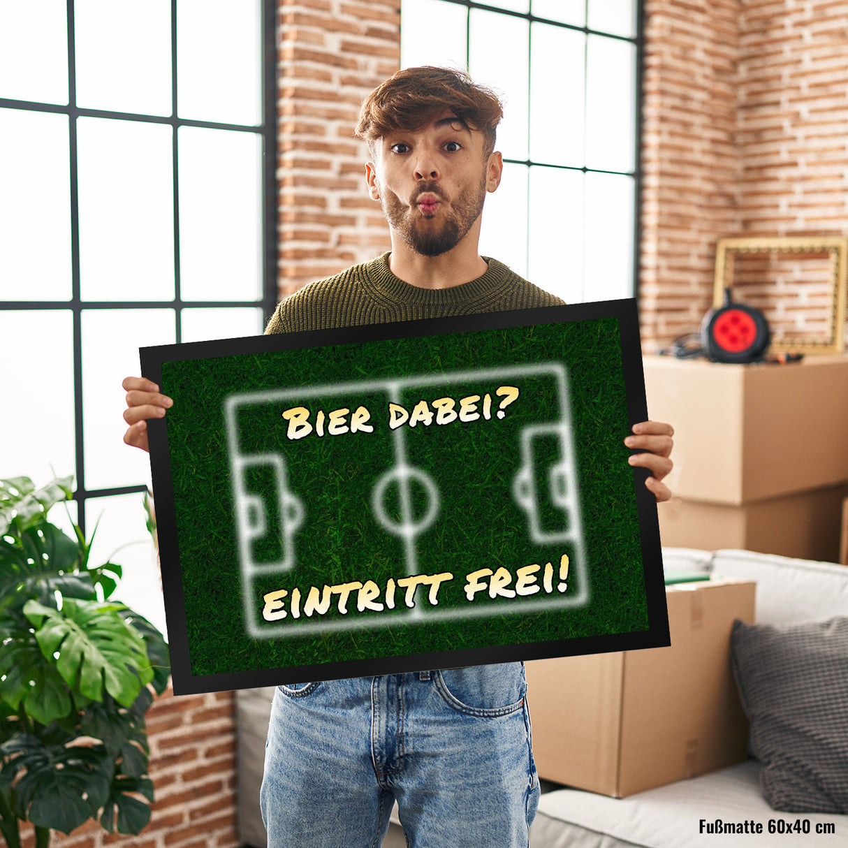Fußballer Fußmatte in 35x50 cm mit Rasenmotiv und Spruch Bier dabei? Eintritt frei!