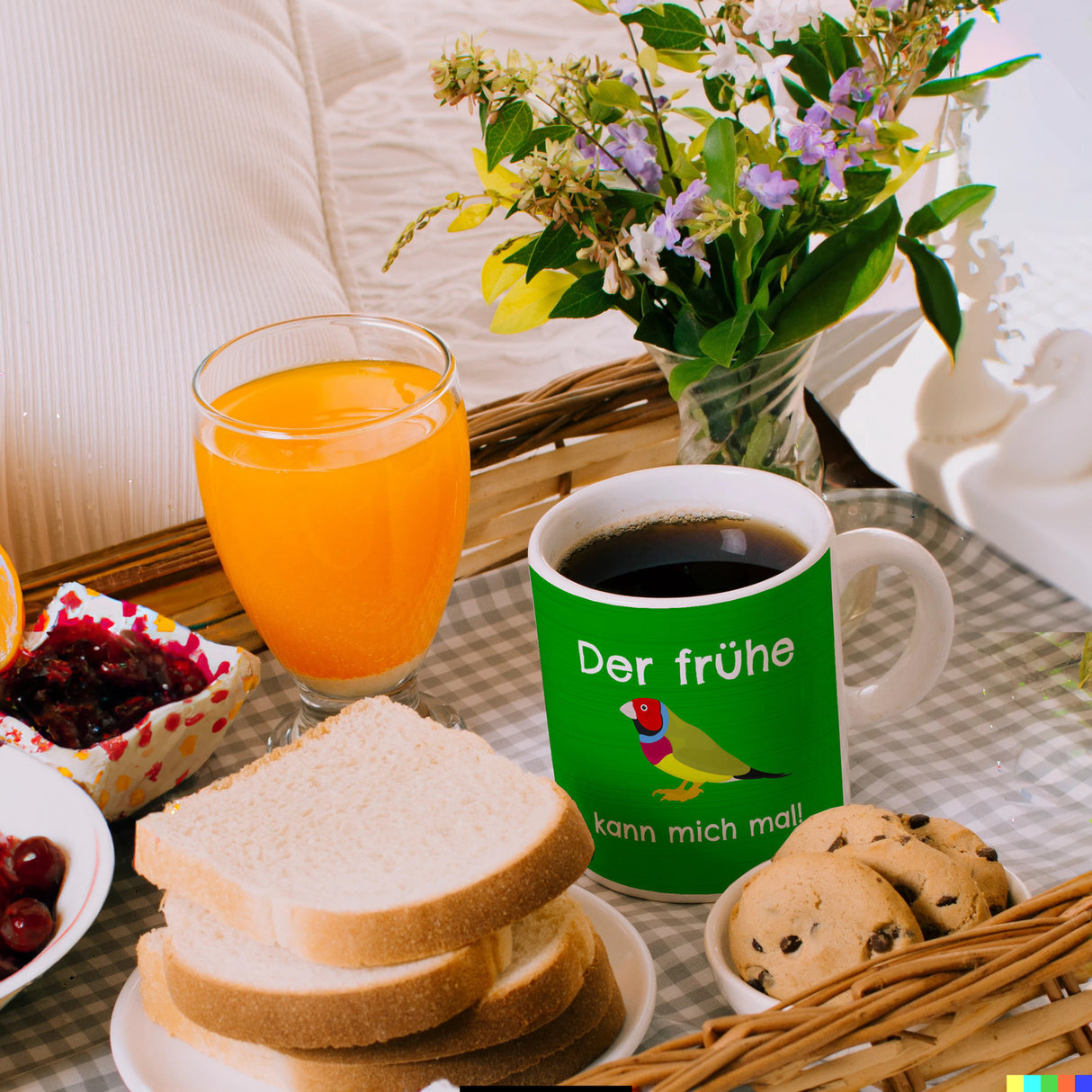Kaffeebecher mit Bild und Spruch Der frühe Vogel kann mich mal!