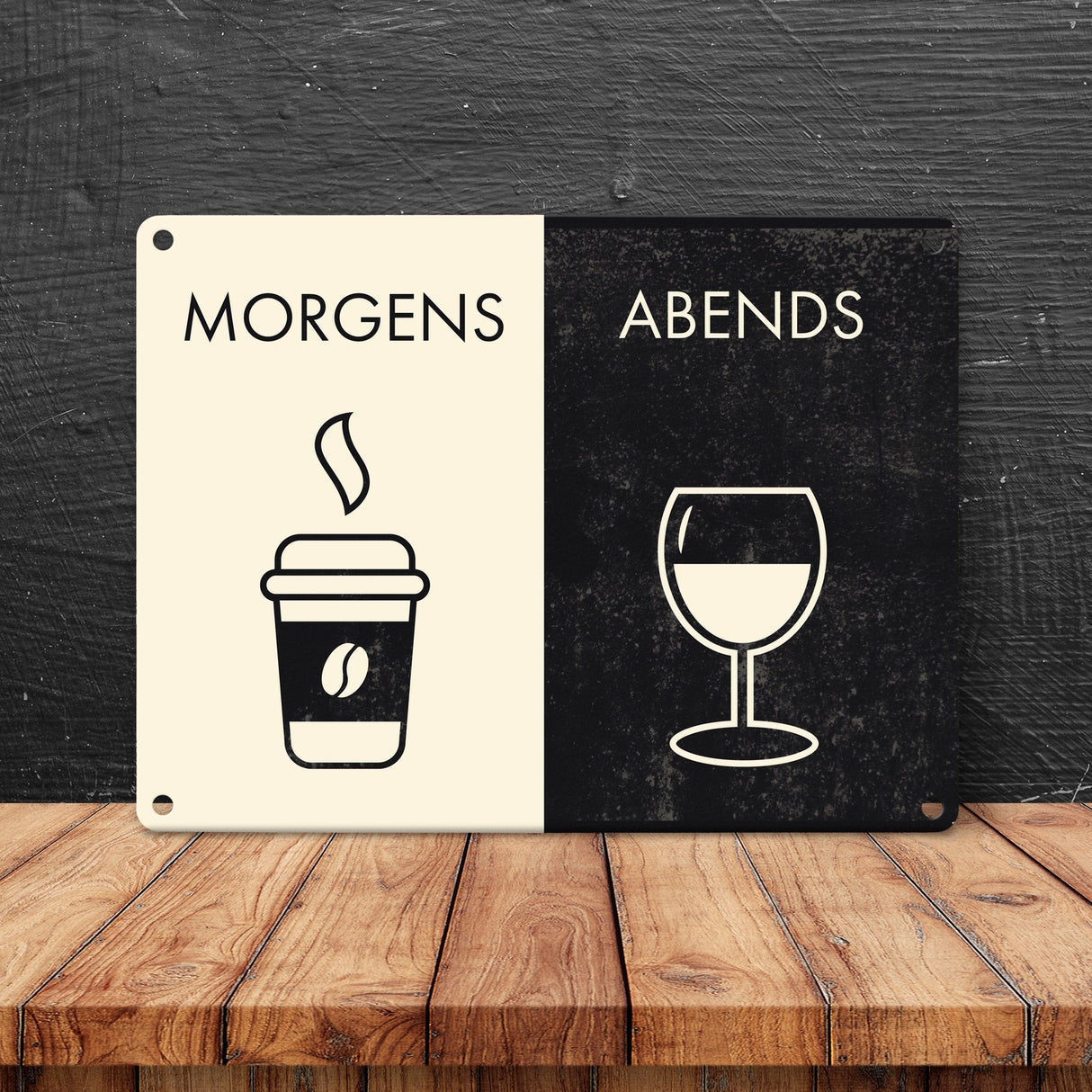 Morgens und Abends Metallschild mit Kaffeebecher und Weinglas Motiven