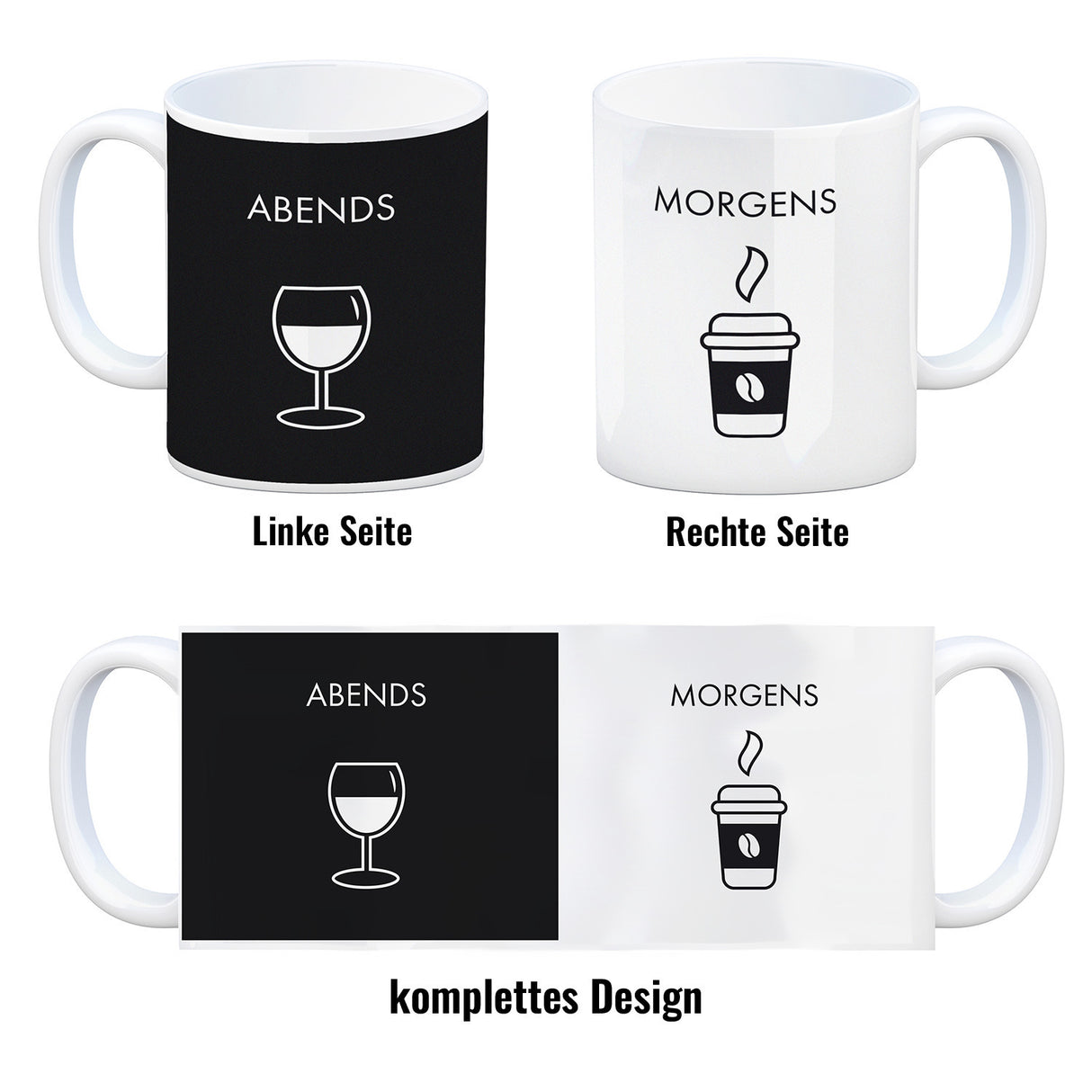 Morgens und Abends Kaffeebecher mit Kaffeebecher und Weinglas Wendemotiv