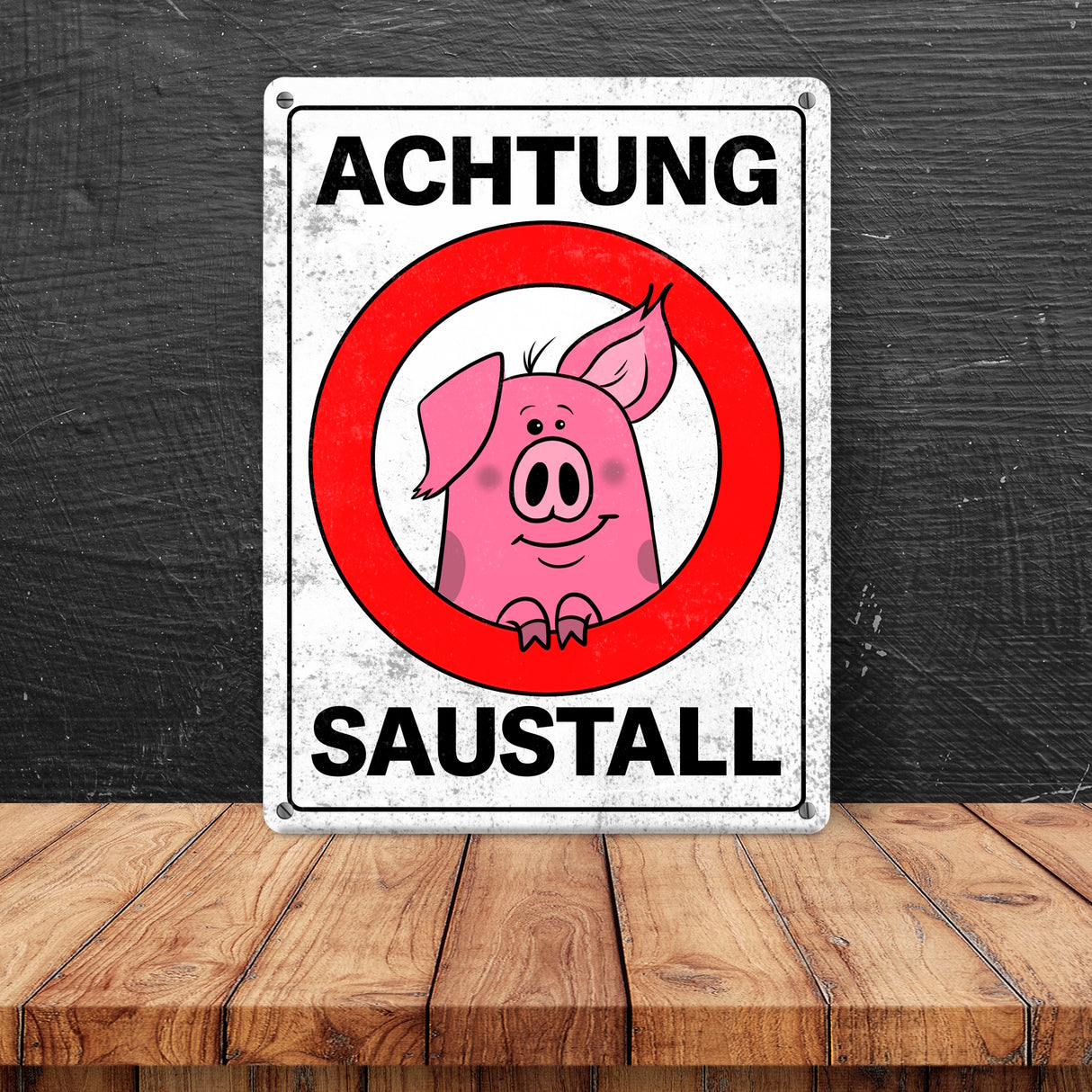 Achtung Saustall Metallschild mit lustigem Comic-Schwein in einem Warnkreis