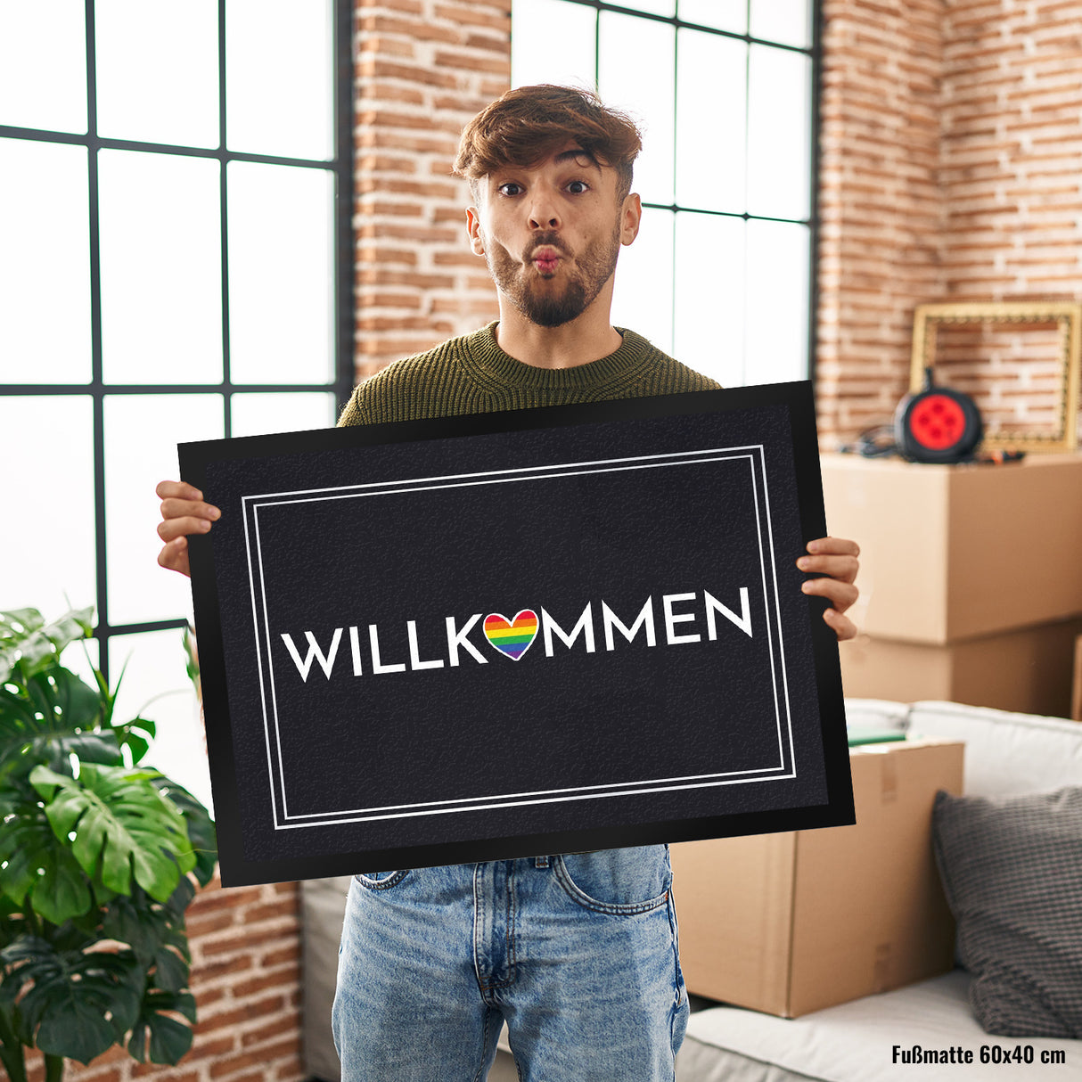 Willkommen Fußmatte mit buntem Regenbogen-Herz
