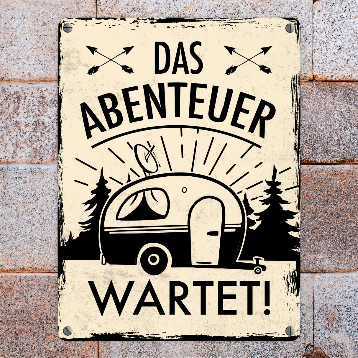 Das Abenteuer wartet Metallschild mit Campermotiv