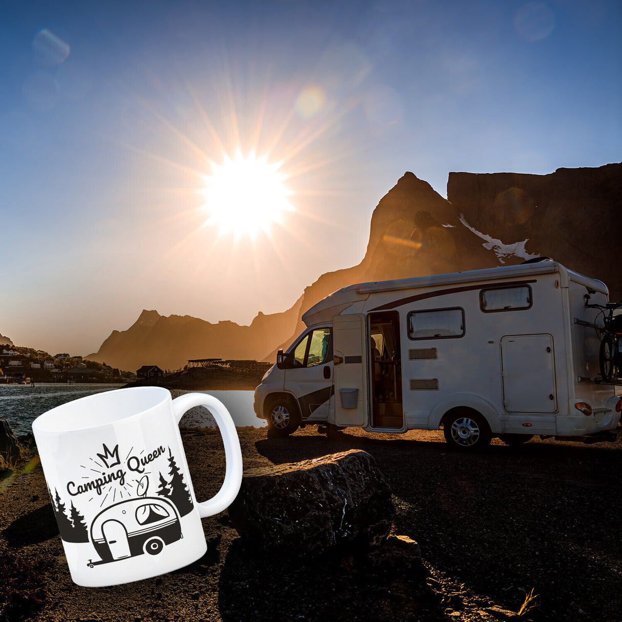 Camping Queen Kaffeebecher mit wunderschönen Reisemotiven