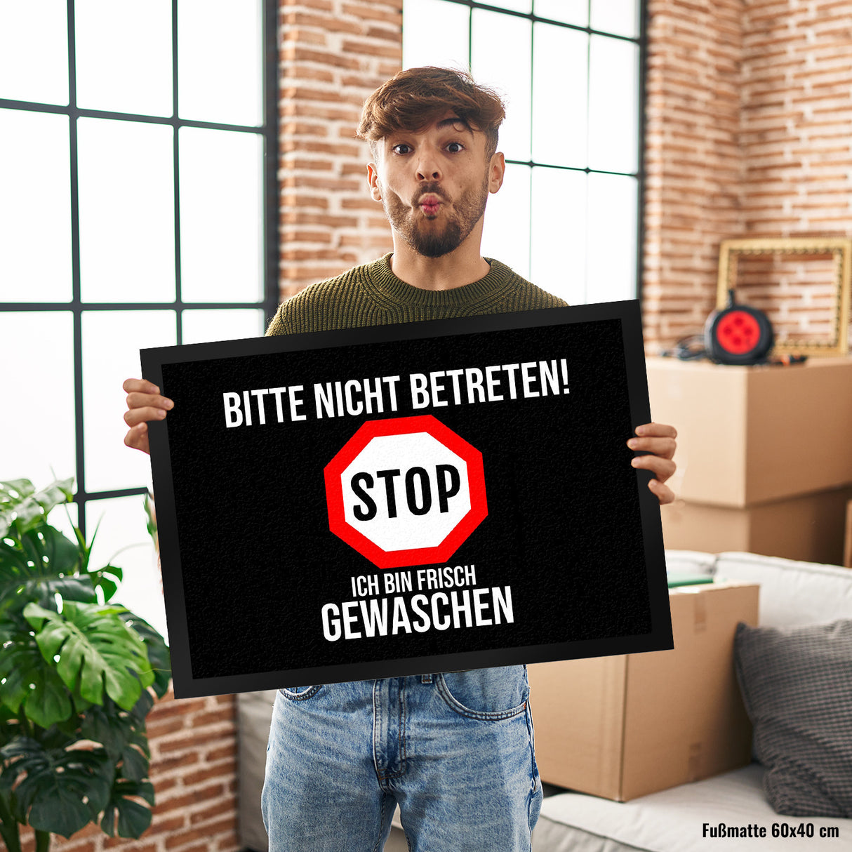 Fußmatte in 35x50 cm mit Spruch Bitte nicht betreten - ich bin frisch gewaschen - Stop