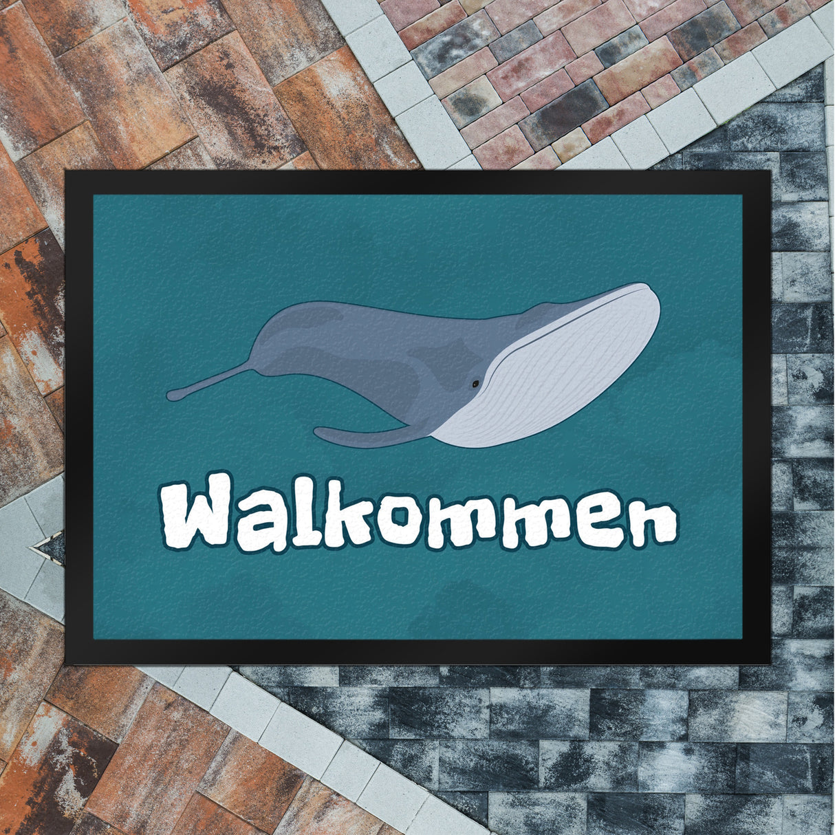 Blauwal Fußmatte in 35x50 cm mit Ozeanmotiv und Spruch Walkommen