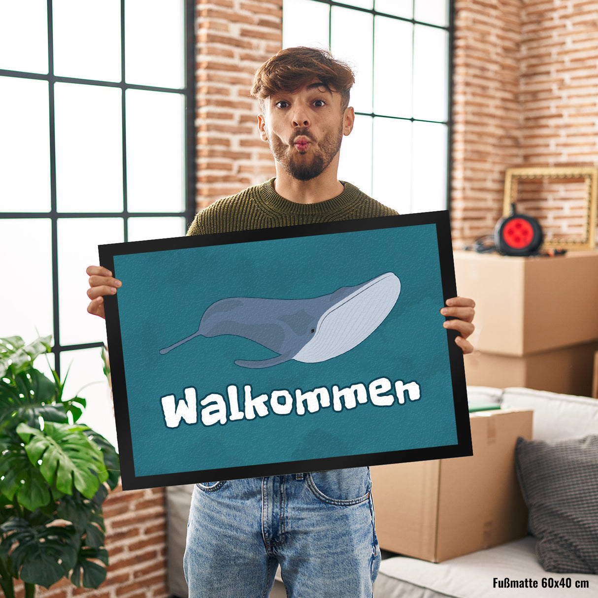Blauwal Fußmatte in 35x50 cm mit Ozeanmotiv und Spruch Walkommen