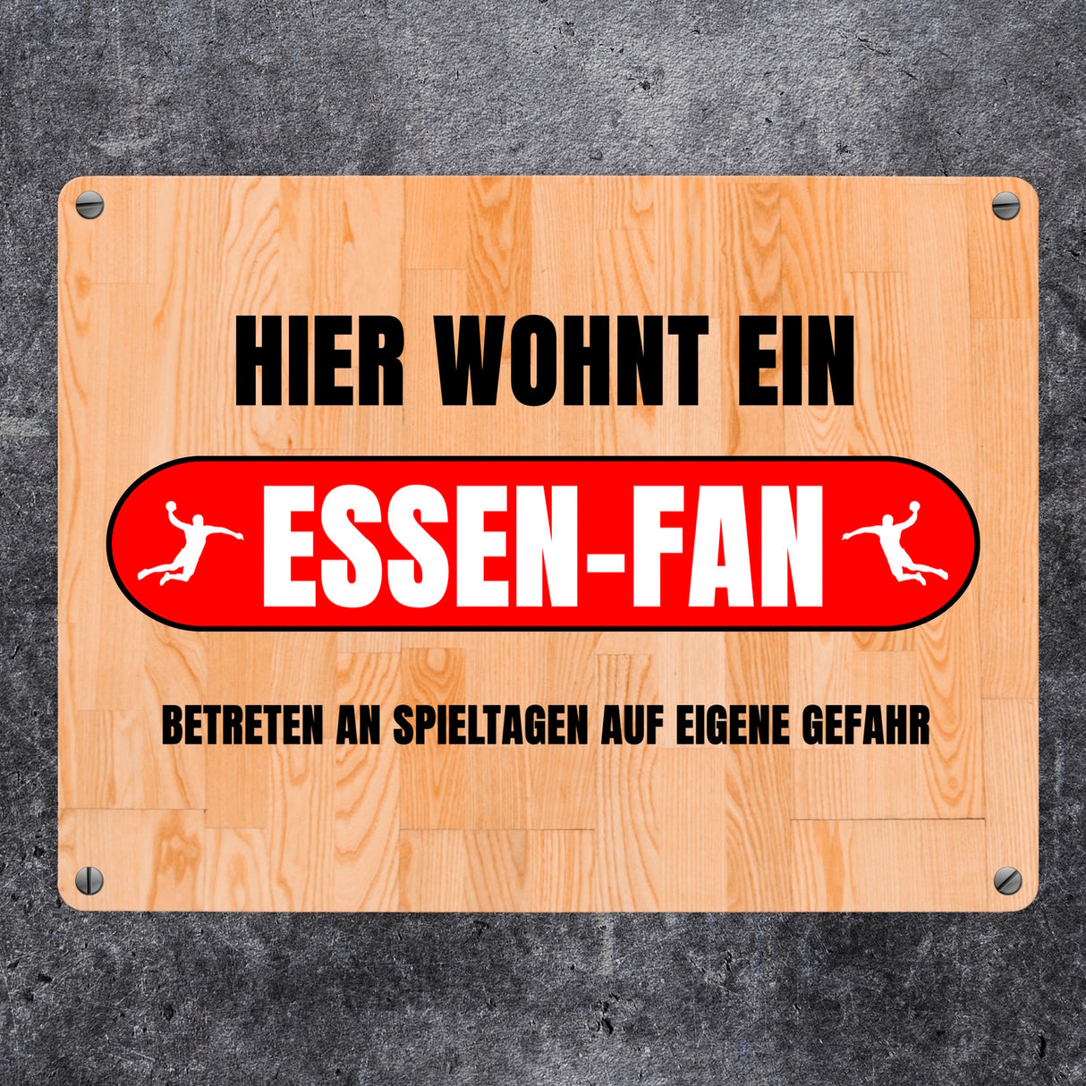 Hier wohnt ein Essen-Fan Metallschild in 15x20 cm mit Turnhallenboden Motiv