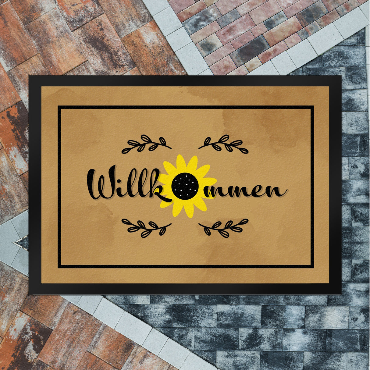 Willkommen Fußmatte mit wunderschönem Sonnenblumen Motiv für Hauseingang
